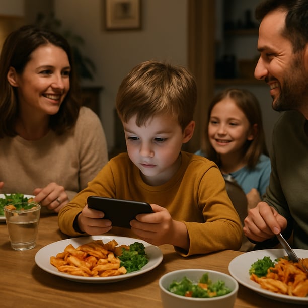 An image of a child watching a phone while at the dinner table with their family-1