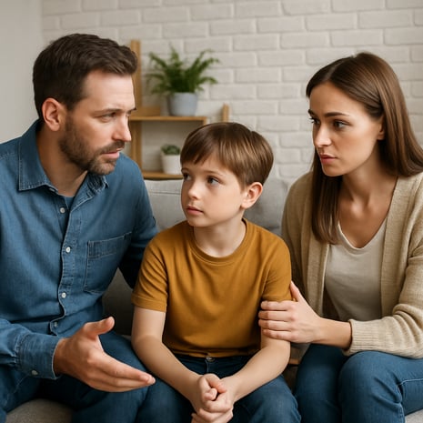 Parents sitting down and talking with their child on the couch having an important talk-1